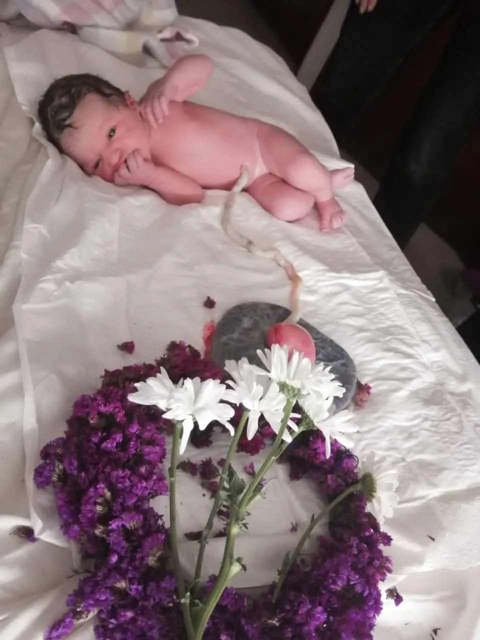 Un bebé recién nacido junto a flores y la placenta